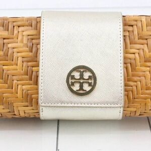 Tory Burch Woven Straw Clutch with Ivory Leather Flap and Gold Logo